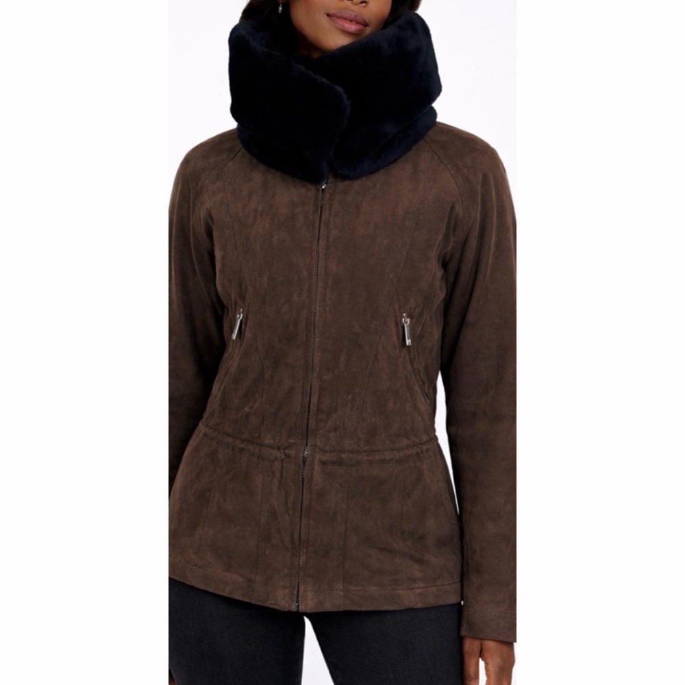 (VTG) METROPOLIS • Brown/Black Suede Fur Trim Jacket, 8